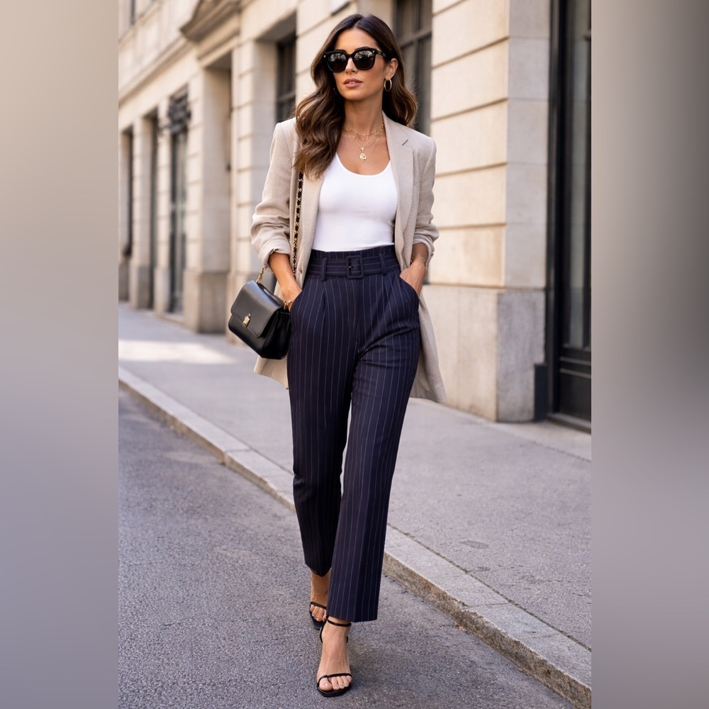 Cristina Gavioli Pinstripe Belted Trousers – Italian Designer – Size S